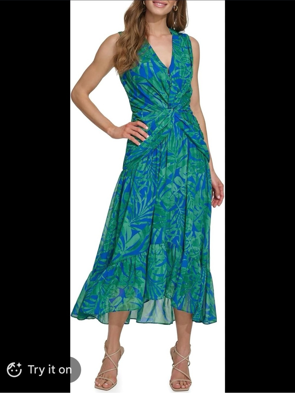 DKNY Green & Blue Floral Printed Twist-Waist Midi Dress Coastal Vacation Beach